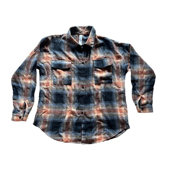 Women's plaid button down collared shirt. Size Small. Orange/brown/black. - Picture 1 of 6